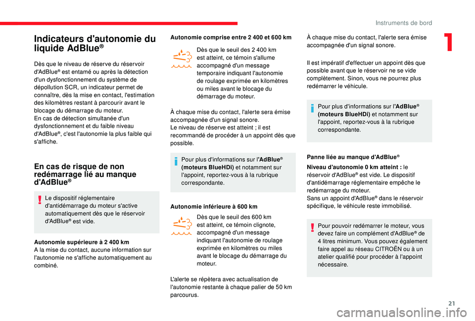 CITROEN JUMPER 2019 Notices Demploi (in French) 21
Indicateurs d'autonomie du
liquide AdBlue®
Dès que le niveau de réser ve du réser voir
d'AdBlue® est entamé ou après la détection
d'un dysfonctionnement du système de
dépo CITROEN JUMPER 2019 Notices Demploi (in French) 21
Indicateurs d'autonomie du
liquide AdBlue®
Dès que le niveau de réser ve du réser voir
d'AdBlue® est entamé ou après la détection
d'un dysfonctionnement du système de
dépo
