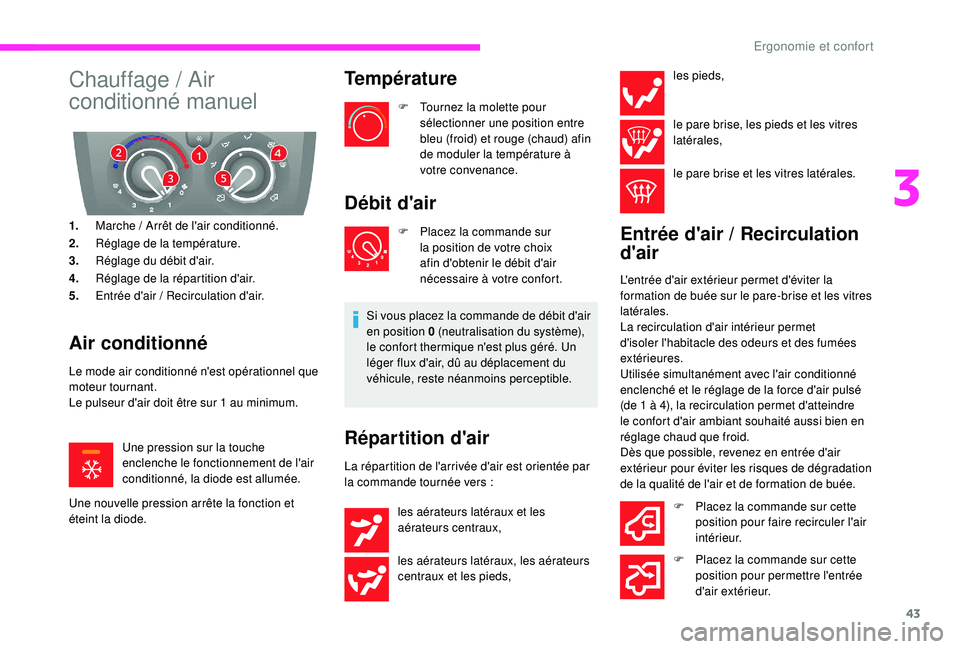 CITROEN JUMPER 2019 Notices Demploi (in French) 43
Chauffage / Air
conditionné manuel
1. Marche / Arrêt de l'air conditionné.
2. Réglage de la température.
3. Réglage du débit d'air.
4. Réglage de la répartition d'air.
5. En CITROEN JUMPER 2019 Notices Demploi (in French) 43
Chauffage / Air
conditionné manuel
1. Marche / Arrêt de l'air conditionné.
2. Réglage de la température.
3. Réglage du débit d'air.
4. Réglage de la répartition d'air.
5. En