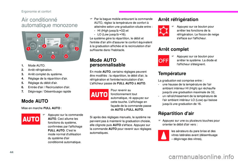 CITROEN JUMPER 2019  Notices Demploi (in French) 44
Air conditionné 
automatique monozone
1.Mode AUTO.
2. Arrêt réfrigération.
3. Arrêt complet du système.
4. Réglage de la répartition d'air.
5. Réglage du débit d'air.
6. Entrée d