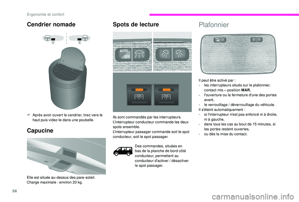 CITROEN JUMPER 2019  Notices Demploi (in French) 56
Cendrier nomade
F Après avoir ouvert le cendrier, tirez vers le haut puis videz-le dans une poubelle.
Capucine
Elle est située au-dessus des pare-soleil.
Charge maximale   : environ 20   kg.
Spot