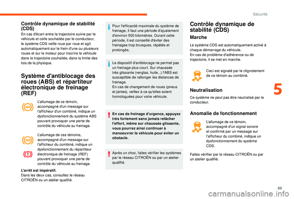 CITROEN JUMPER 2019  Notices Demploi (in French) 69
Contrôle dynamique de stabilité 
(CDS)
En cas d'écart entre la trajectoire suivie par le 
véhicule et celle souhaitée par le conducteur, 
le système CDS veille roue par roue et agit 
auto