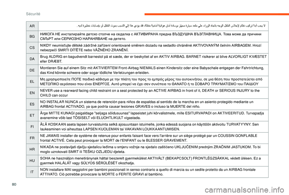 CITROEN JUMPER 2019 Notices Demploi (in French) 80
AR
BG НИКОГА НЕ инсталирайте детско столче на седалка с АКТИВИРАНА предна ВЪЗДУШНА ВЪЗГЛАВНИЦА. Това може да CITROEN JUMPER 2019 Notices Demploi (in French) 80
AR
BG НИКОГА НЕ инсталирайте детско столче на седалка с АКТИВИРАНА предна ВЪЗДУШНА ВЪЗГЛАВНИЦА. Това може да