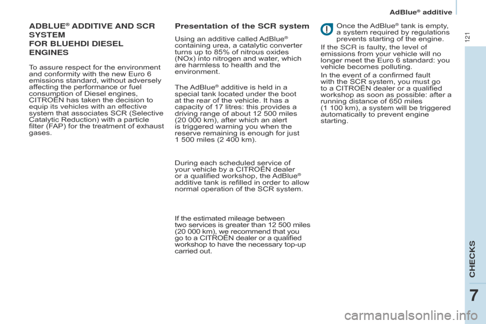 Citroen BERLINGO 2014.5 2.G Service Manual 121
Berlingo-2-VU_en_Chap07_Verification_ed02-2014
ADBLUE® ADDITIVE AND SCR 
SYSTEM
FOR

 B
LUE HD I  D IESEL
 
  
ENGINES
To assure respect for the environment 
and conformity with the new Euro 6 
e