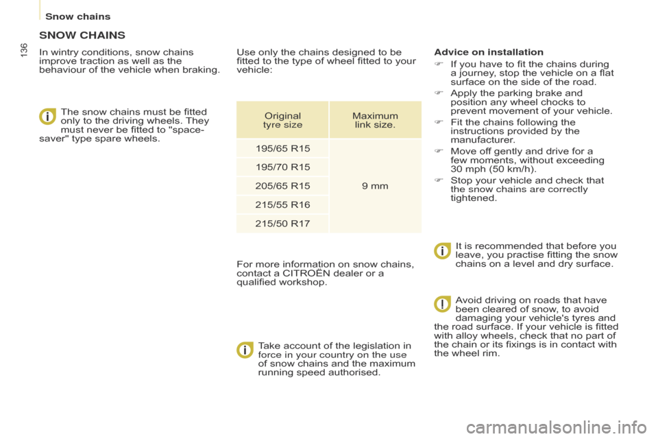 Citroen BERLINGO 2014.5 2.G Owners Manual 136
Berlingo-2-VU_en_Chap08_Aide-rapide_ed02-2014
SNOW CHAINS
In wintry conditions, snow chains 
improve traction as well as the 
behaviour of the vehicle when braking.The snow chains must be fitted 
