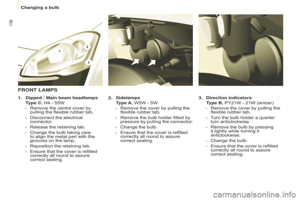Citroen BERLINGO 2014.5 2.G User Guide 138
Berlingo-2-VU_en_Chap08_Aide-rapide_ed02-2014
3. Direction indicators
T
ype B, PY21W - 21W (amber)
-
Remove the cover by pullin
g the
flexible rubber tab.
-
T
urn the bulb holder a qu Citroen BERLINGO 2014.5 2.G User Guide 138
Berlingo-2-VU_en_Chap08_Aide-rapide_ed02-2014
3. Direction indicators
T
ype B, PY21W - 21W (amber)
-
Remove the cover by pullin
g the
flexible rubber tab.
-
T
urn the bulb holder a qu