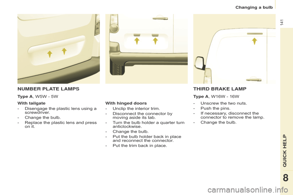Citroen BERLINGO 2014.5 2.G Owners Manual 141
Berlingo-2-VU_en_Chap08_Aide-rapide_ed02-2014
NUMBER PLATE LAMPS
- Unscrew the two nuts.
-
Push the pins.
-
If necessary
, disconnect the
connector to remove the lamp.
-
Change the bulb.
Citroen BERLINGO 2014.5 2.G Owners Manual 141
Berlingo-2-VU_en_Chap08_Aide-rapide_ed02-2014
NUMBER PLATE LAMPS
- Unscrew the two nuts.
-
Push the pins.
-
If necessary
, disconnect the
connector to remove the lamp.
-
Change the bulb.
