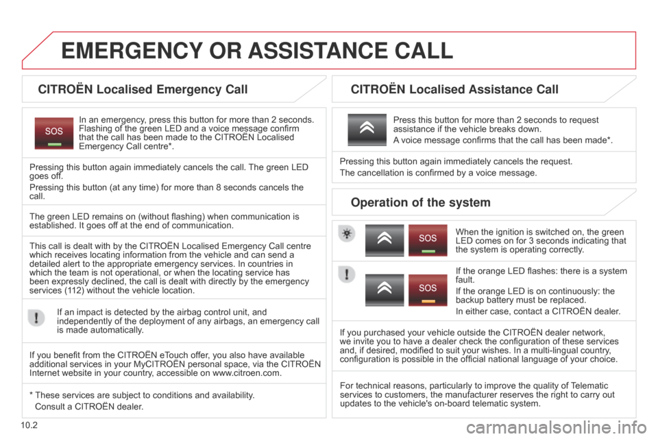 Citroen BERLINGO 2014.5 2.G Owners Manual 10.2
Berlingo-2-VU_en_Chap10a_BTA_ed02-2014
EMERGENCY OR  ASSIST ANCE   CALL
CITROËN Localised Emergency Call
In an emergency, press this button for more than 2 seconds. 
Flashing of the green LED an