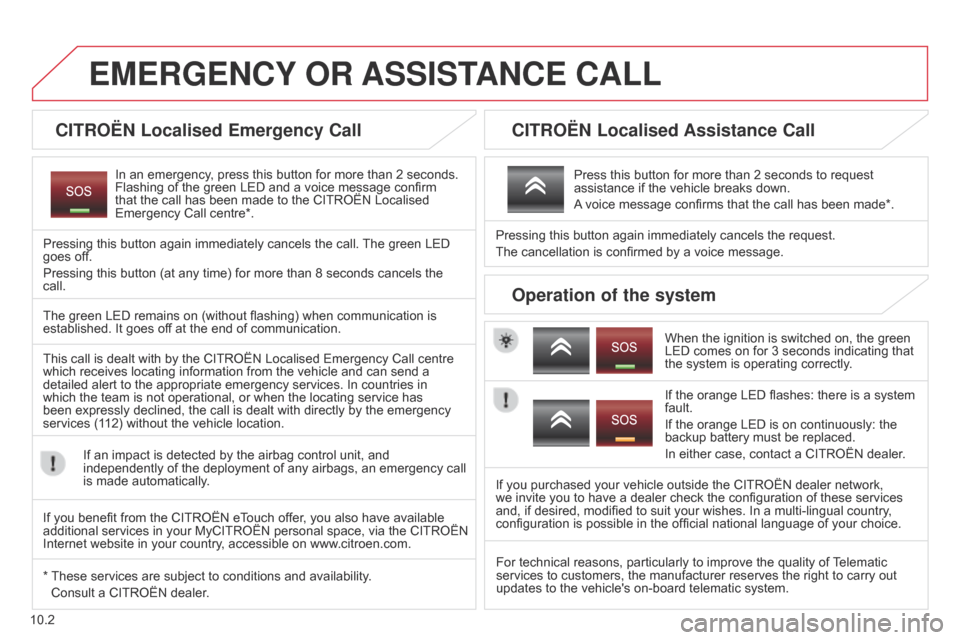 Citroen BERLINGO 2014.5 2.G Owners Manual 10.2
Berlingo-2-VU_en_Chap10a_BTA_ed02-2014
EMERGENCY OR ASSIST ANCE CALL
CITROËN Localised Emergency Call
In an emergency, press this button for more than 2 seconds.
Flashing of the green LED an Citroen BERLINGO 2014.5 2.G Owners Manual 10.2
Berlingo-2-VU_en_Chap10a_BTA_ed02-2014
EMERGENCY OR ASSIST ANCE CALL
CITROËN Localised Emergency Call
In an emergency, press this button for more than 2 seconds.
Flashing of the green LED an