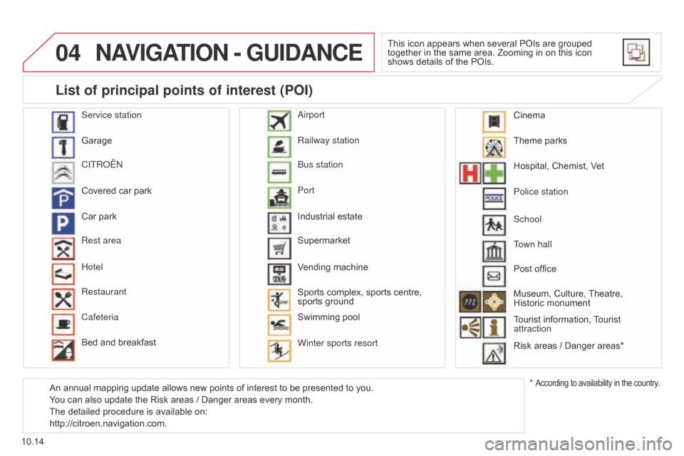 Citroen BERLINGO 2014.5 2.G Owners Manual 04
10.14
Berlingo-2-VU_en_Chap10b_RT6-2-8_ed02-2014
NAVIGATION - GUIDANCE
This icon appears when several POIs are grouped 
together in the same area. Zooming in on this icon 
shows details of the POIs