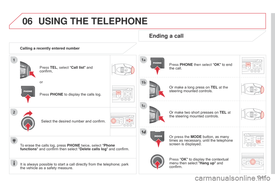 Citroen BERLINGO 2014.5 2.G Owners Manual 06
10.31
Berlingo-2-VU_en_Chap10b_RT6-2-8_ed02-2014
USING THE TELEPHONE
Calling a recently entered numberPress TEL, select "Call list" and 
confirm,
Select the desired number and confirm.
To erase the