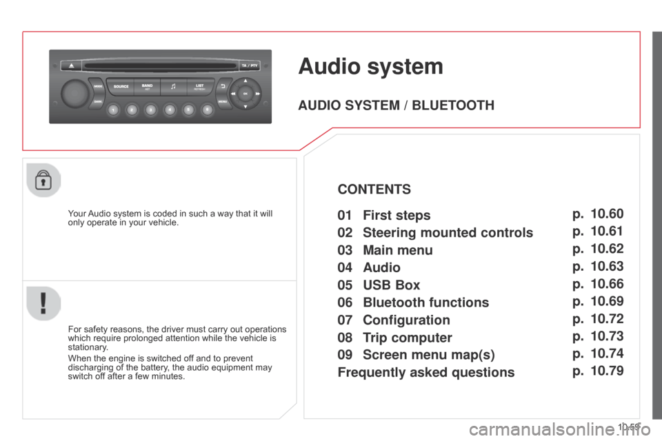 Citroen BERLINGO 2014.5 2.G Owners Manual 10.59
Berlingo-2-VU_en_Chap10c_RD45_ed02_2014
Audio system
Your Audio system is coded in such a way that it will
only operate in your vehicle.
For safety reasons, the driver must carry out operations Citroen BERLINGO 2014.5 2.G Owners Manual 10.59
Berlingo-2-VU_en_Chap10c_RD45_ed02_2014
Audio system
Your Audio system is coded in such a way that it will
only operate in your vehicle.
For safety reasons, the driver must carry out operations