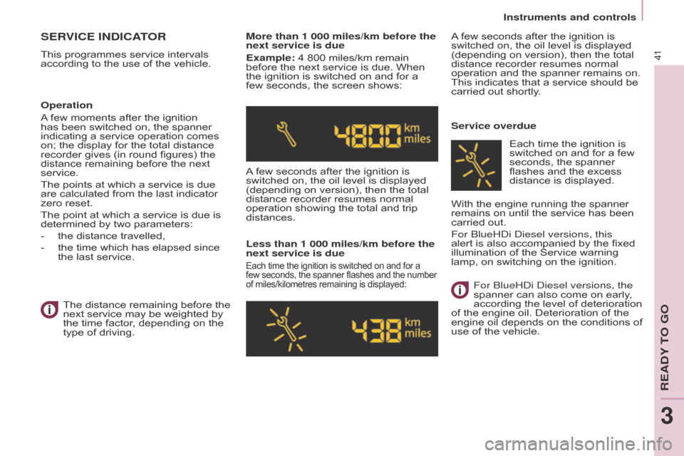 Citroen BERLINGO 2014.5 2.G User Guide 41
Berlingo-2-VU_en_Chap03_Pret-a-partir_ed02-2014
SERVICE INDICATOR
This programmes service intervals 
according to the use of the vehicle.More than 1 000 miles/km before the 
next service is due
Exa