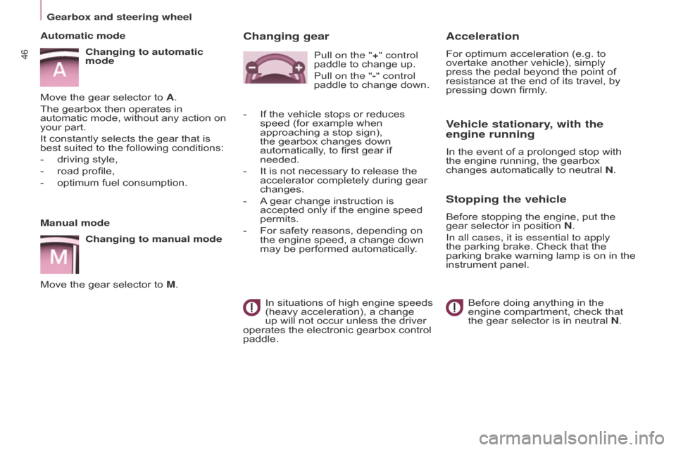 Citroen BERLINGO 2014.5 2.G Service Manual 46
Berlingo-2-VU_en_Chap03_Pret-a-partir_ed02-2014
Manual modeChanging to manual mode
Move the gear selector to M.
Automatic mode
Changing to automatic 
mode
Move the gear selector to A.
The gearbox t