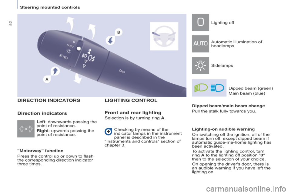 Citroen BERLINGO 2014.5 2.G Workshop Manual 52
Berlingo-2-VU_en_Chap04_Ergonomie_ed02-2014
DIRECTION INDICATORS
"Motorway" function
Press the control up or down to flash 
the corresponding direction indicator 
three times.
LIGHTING CONTROL
Left