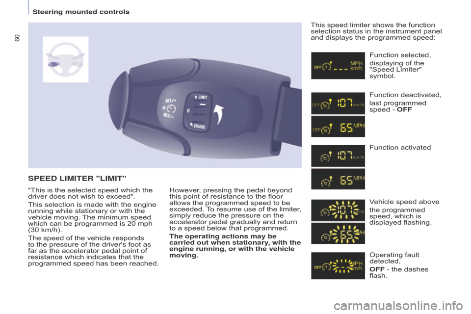 Citroen BERLINGO 2014.5 2.G Owners Guide 60
Berlingo-2-VU_en_Chap04_Ergonomie_ed02-2014
However, pressing the pedal beyond 
this point of resistance to the floor 
allows the programmed speed to be 
exceeded. To resume use of the limiter, 
si