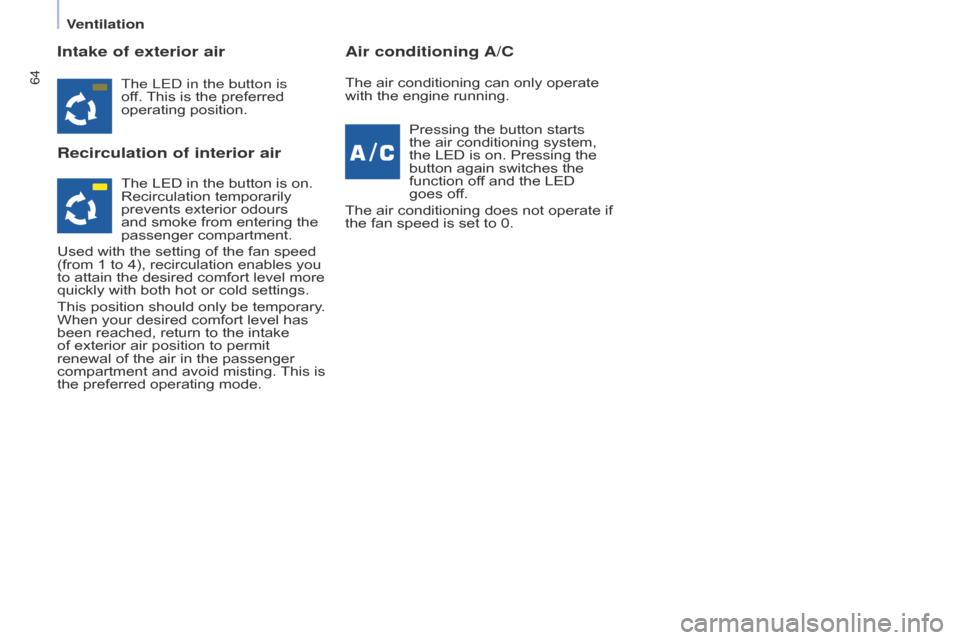 Citroen BERLINGO 2014.5 2.G Repair Manual 64
Berlingo-2-VU_en_Chap04_Ergonomie_ed02-2014
Intake of exterior air
Recirculation of interior airAir conditioning A/C
The LEd in the button is 
of f. This is the preferred 
operating position.
Press