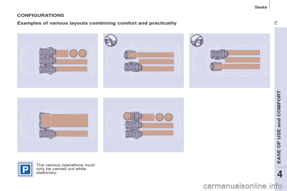 Citroen BERLINGO 2014.5 2.G Manual PDF 73
Berlingo-2-VU_en_Chap04_Ergonomie_ed02-2014
CONFIGURATIONS
Examples of various layouts combining comfort and practicality
The various operations must 
only be carried out while 
stationary. 
Seats 