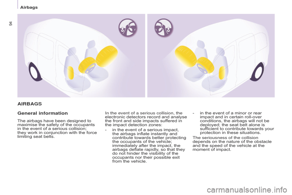 Citroen BERLINGO 2014.5 2.G Owners Manual 94
Berlingo-2-VU_en_Chap05_Securite_ed02-2014
AIRBAGS
General information
The airbags have been designed to 
maximise the safety of the occupants 
in the event of a serious collision; 
they work in co