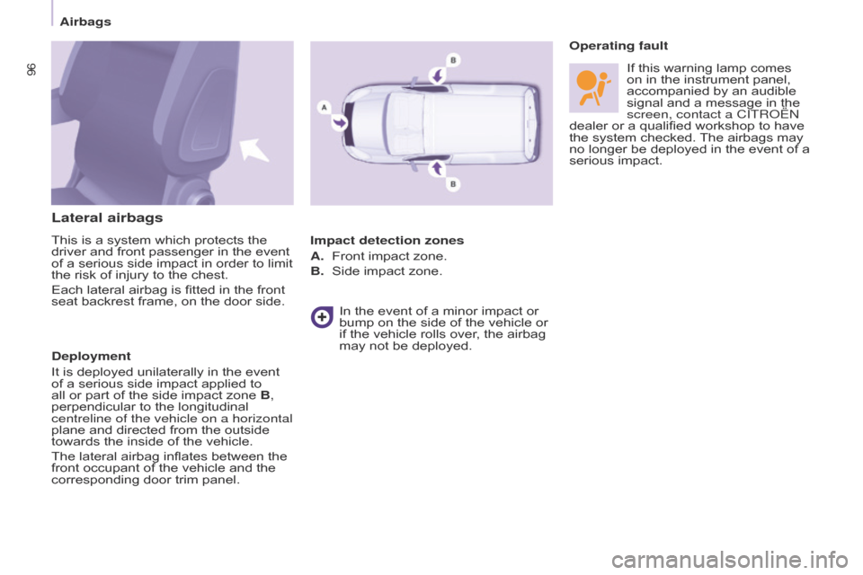 Citroen BERLINGO 2014.5 2.G Owners Manual 96
Berlingo-2-VU_en_Chap05_Securite_ed02-2014
Lateral airbags
This is a system which protects the 
driver and front passenger in the event 
of a serious side impact in order to limit 
the risk of inju