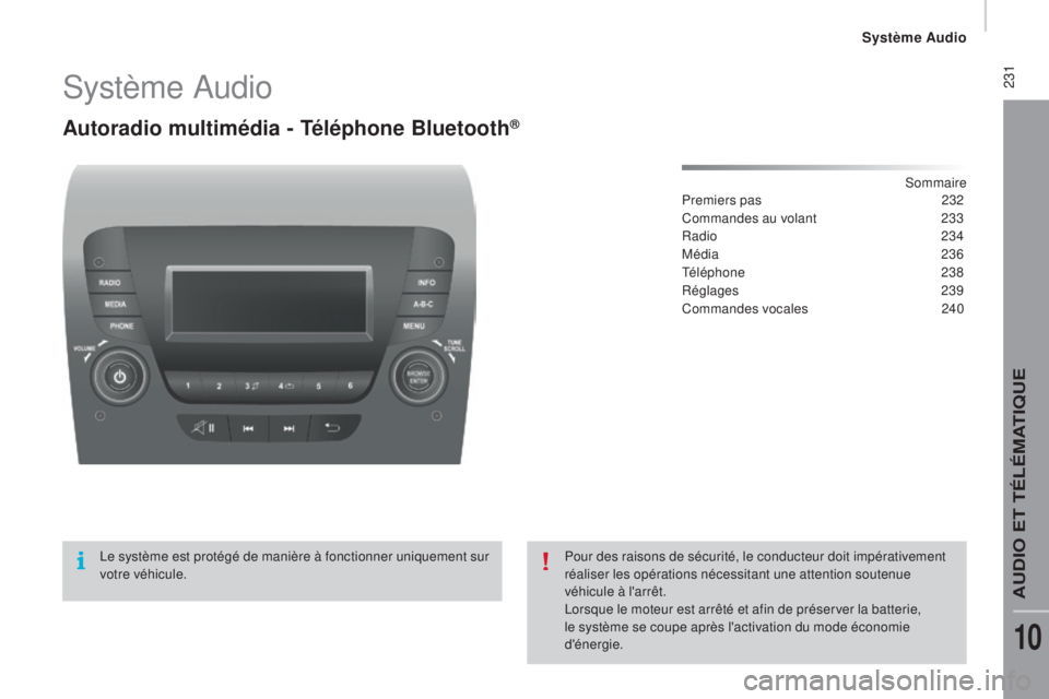 CITROEN JUMPER 2016 Notices Demploi (in French) 231Système Audio
autoradio multimédia - Téléphone bl uetooth®
Sommaire
Premiers pas
2 32
Commandes au volant
2
33
Radio
234
Média
236
Téléphone
2
38
Réglages
239
Commandes voca CITROEN JUMPER 2016 Notices Demploi (in French) 231Système Audio
autoradio multimédia - Téléphone bl uetooth®
Sommaire
Premiers pas
2 32
Commandes au volant
2
33
Radio
234
Média
236
Téléphone
2
38
Réglages
239
Commandes voca