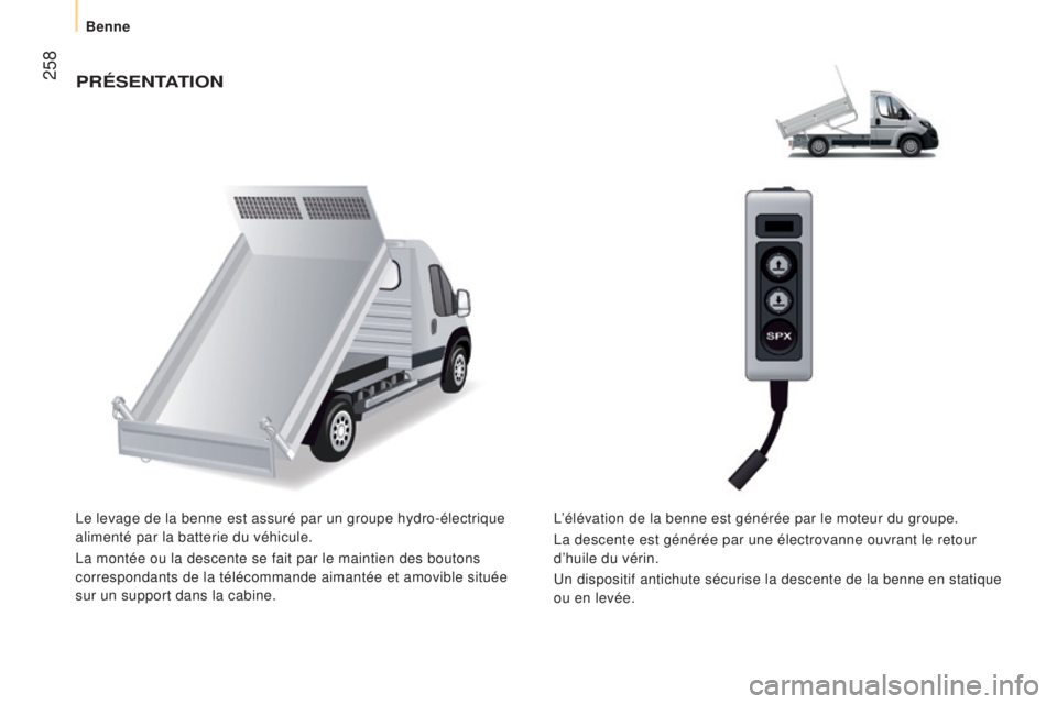 CITROEN JUMPER 2016  Notices Demploi (in French)  258PréSeNTaTION
Le levage de la benne est assuré par un groupe hydro-électrique 
alimenté par la batterie du véhicule.
La montée ou la descente se fait par le maintien des boutons 
correspondan