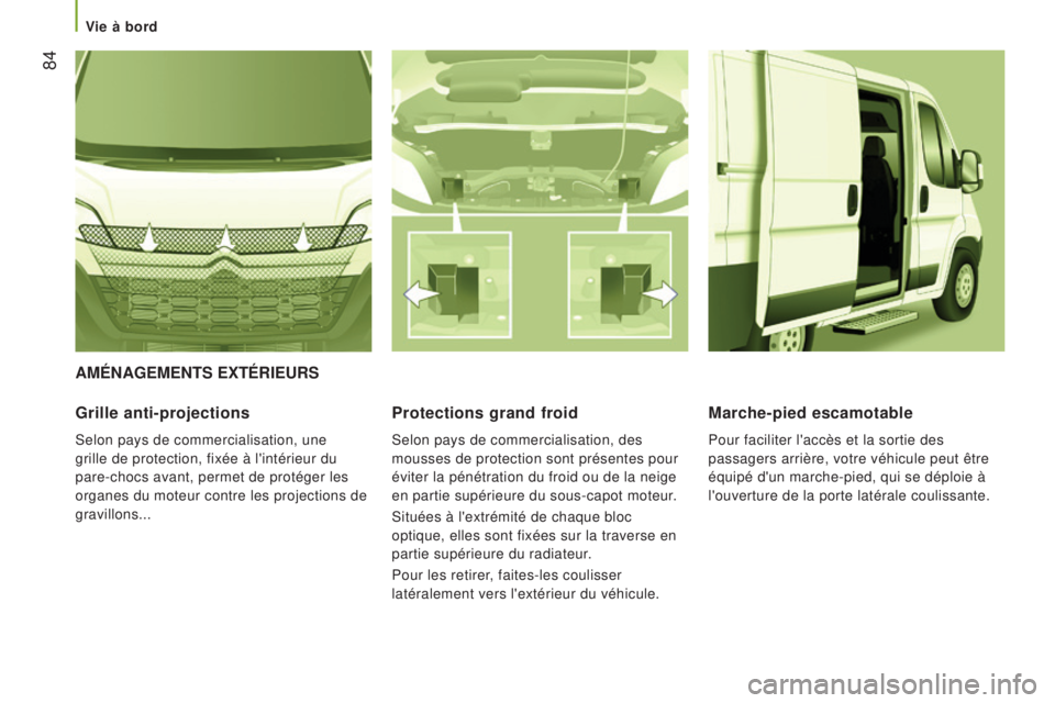 CITROEN JUMPER 2016 Notices Demploi (in French) 84
améNaGemeNTS exTérIeurS
Grille anti-projections
Selon pays de commercialisation, une
grille de protection, fixée à l'intérieur du
pare-chocs avant, permet de protéger les
organes du m CITROEN JUMPER 2016 Notices Demploi (in French) 84
améNaGemeNTS exTérIeurS
Grille anti-projections
Selon pays de commercialisation, une
grille de protection, fixée à l'intérieur du
pare-chocs avant, permet de protéger les
organes du m