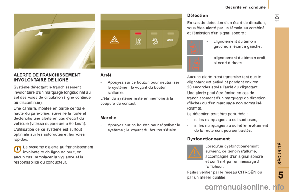 CITROEN JUMPER 2015 Notices Demploi (in French) 101
5
Sécurité en conduite
SÉCURITÉ
ALERTE DE FRANCHISSEMENT INVOLONTAIRE DE LIGNE
Système détectant le franchissement
involontaire d'un marquage longitudinal au
sol des CITROEN JUMPER 2015 Notices Demploi (in French) 101
5
Sécurité en conduite
SÉCURITÉ
ALERTE DE FRANCHISSEMENT INVOLONTAIRE DE LIGNE
Système détectant le franchissement
involontaire d'un marquage longitudinal au
sol des