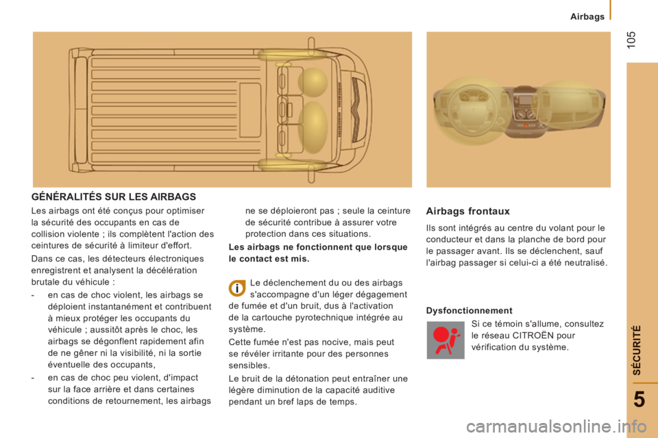 CITROEN JUMPER 2015  Notices Demploi (in French)    Airbags   
 105
5
SÉCURITÉ
 GÉNÉRALITÉS SUR LES AIRBAGS 
 Les airbags ont été conçus pour optimiser 
la sécurité des occupants en cas de 
collision violente ; ils complètent l'action