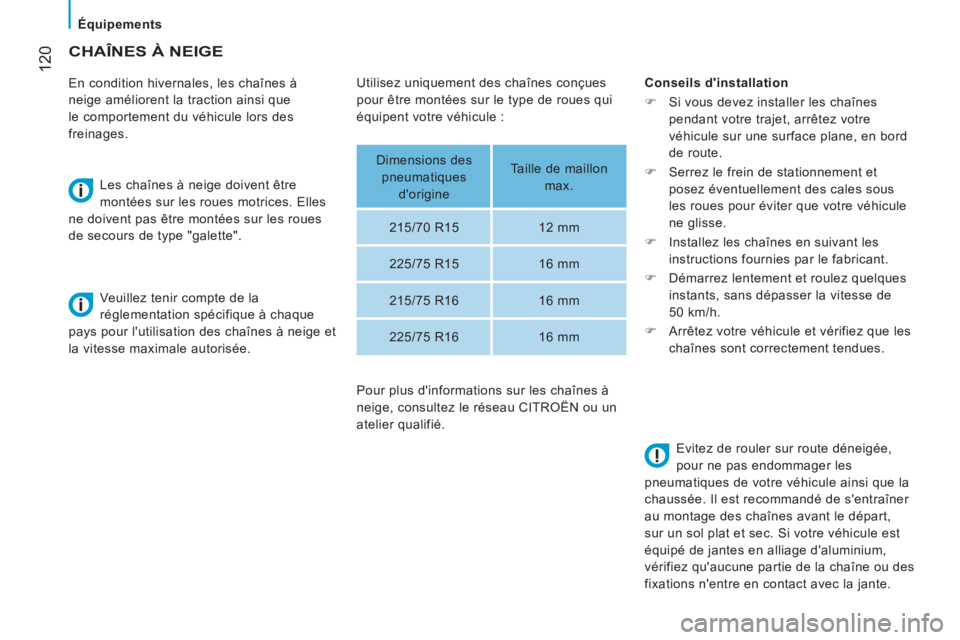 CITROEN JUMPER 2015  Notices Demploi (in French)    Équipements   
 120
     CHAÎNES  À  NEIGE 
  En condition hivernales, les chaînes à 
neige améliorent la traction ainsi que 
le comportement du véhicule lors des 
freinages.   Les chaînes 