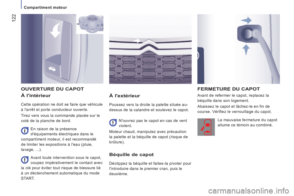 CITROEN JUMPER 2015  Notices Demploi (in French)  122
   Compartiment  moteur   
  À  lintérieur 
 Cette opération ne doit se faire que véhicule 
à l'arrêt et porte conducteur ouverte. 
 Tirez vers vous la commande placée sur le 
coté d