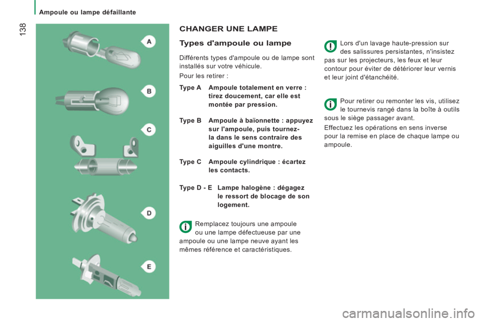 CITROEN JUMPER 2015 Notices Demploi (in French) Ampoule ou lampe défaillante
138 Lors d'un lavage haute-pression sur
des salissures persistantes, n'insistez
pas sur les projecteurs, les feux et leur
contour pour éviter de d CITROEN JUMPER 2015 Notices Demploi (in French) Ampoule ou lampe défaillante
138 Lors d'un lavage haute-pression sur
des salissures persistantes, n'insistez
pas sur les projecteurs, les feux et leur
contour pour éviter de d