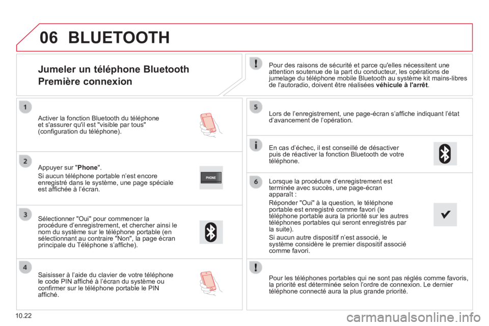CITROEN JUMPER 2015  Notices Demploi (in French) 06
10.22
            Jumeler  un  téléphone  Bluetooth  
Première connexion 
  Pour des raisons de sécurité et parce qu'elles nécessitent une attention soutenue de la part du conducteur, les