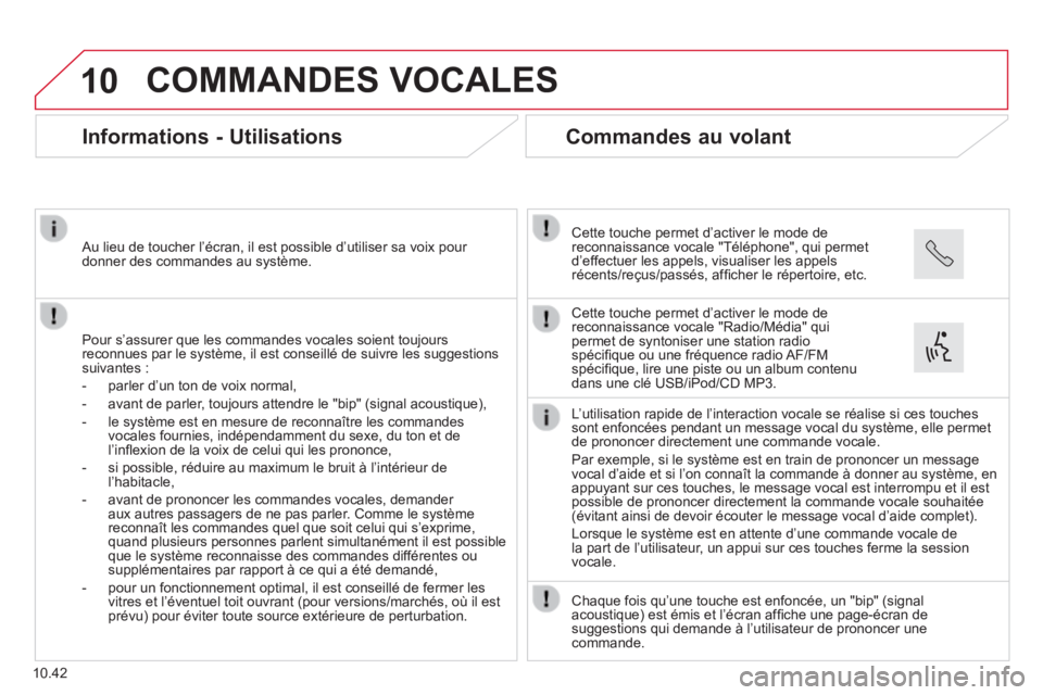 CITROEN JUMPER 2015  Notices Demploi (in French) 10
10.42
 COMMANDES  VOCALES 
      Informations  -  Utilisations 
  Pour s’assurer que les commandes vocales soient toujours reconnues par le système, il est conseillé de suivre les suggestions s