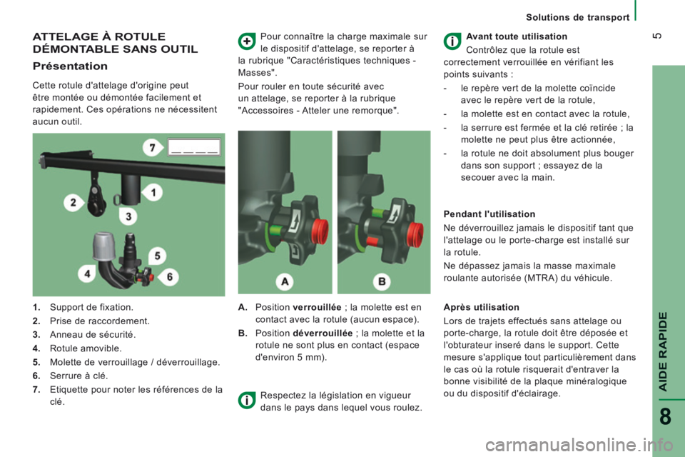 CITROEN JUMPER 2015  Notices Demploi (in French)  5
AIDE RAPIDE
8
   Solutions  de  transport   
 ATTELAGE À ROTULE 
DÉMONTABLE SANS OUTIL 
  Présentation 
  Cette rotule dattelage dorigine peut 
être montée ou démontée facilement et 
rapid