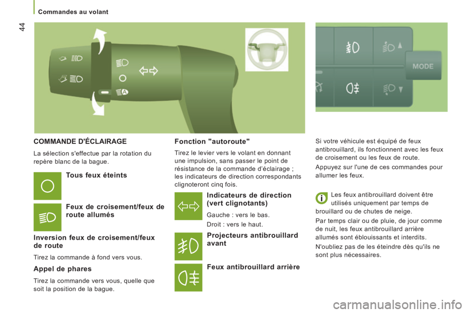 CITROEN JUMPER 2015  Notices Demploi (in French) 44
   Commandes  au  volant   
 COMMANDE  DÉCLAIRAGE 
 La sélection seffectue par la rotation du 
repère blanc de la bague.   
  Indicateurs  de  direction (vert clignotants) 
 Gauche : vers le b