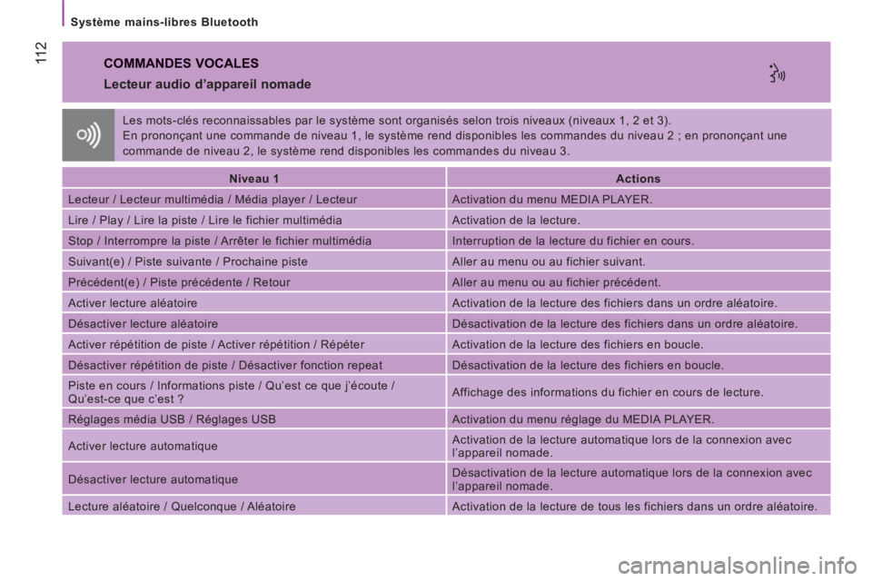 CITROEN JUMPER 2014  Notices Demploi (in French) 11 2
   
Système mains-libres Bluetooth  
 
COMMANDES VOCALES
 
 
Lecteur audio d’appareil nomade 
 
 
 
Niveau 1  
   
 
Actions  
 
  Lecteur / Lecteur multimédia / Média player / Lecteur   Act