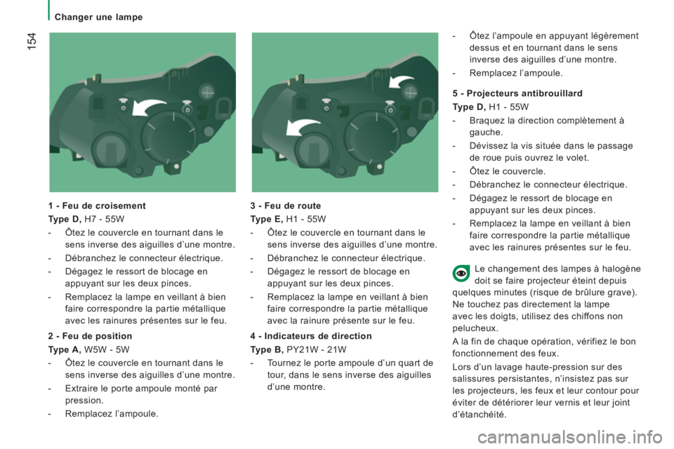 CITROEN JUMPER 2014 Notices Demploi (in French) 154
Changer une lampe
1 - Feu de croisement
Type D,
H7 - 55W
- Ôtez le couvercle en tournant dans le
sens inverse des aiguilles d’une montre.
- Débranchez le connecteu CITROEN JUMPER 2014 Notices Demploi (in French) 154
Changer une lampe
1 - Feu de croisement
Type D,
H7 - 55W
- Ôtez le couvercle en tournant dans le
sens inverse des aiguilles d’une montre.
- Débranchez le connecteu