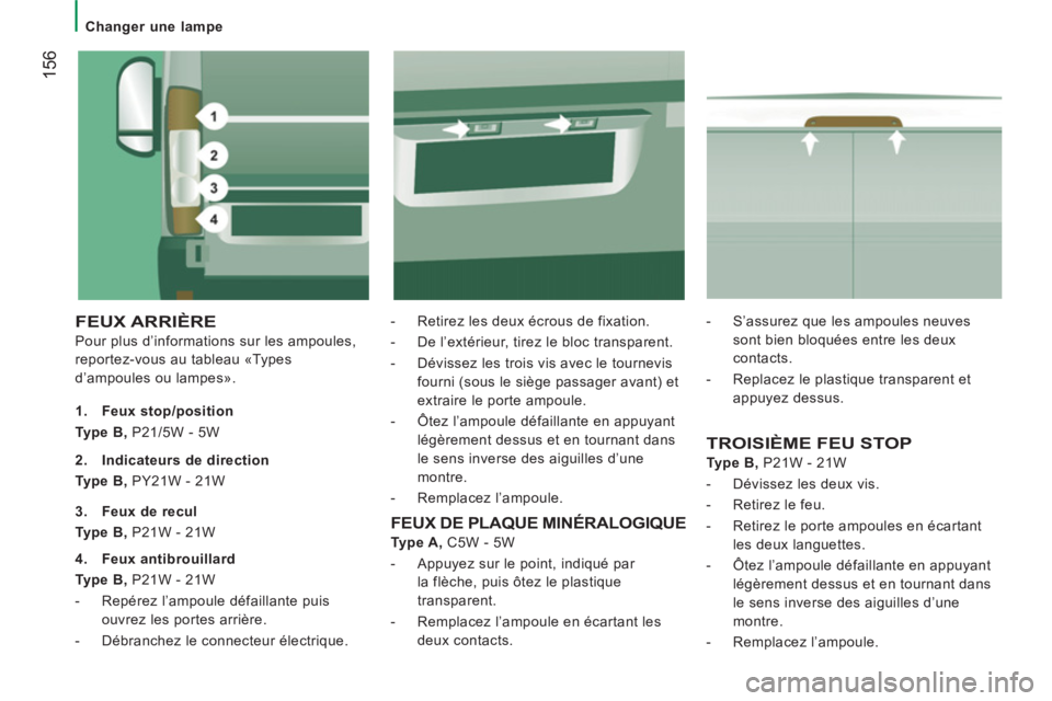 CITROEN JUMPER 2014 Notices Demploi (in French) 156
Changer une lampe
FEUX ARRIÈRE
Pour plus d’informations sur les ampoules,
reportez-vous au tableau «Types
d’ampoules ou lampes».
- Retirez les deux écrous de fixation.
CITROEN JUMPER 2014 Notices Demploi (in French) 156
Changer une lampe
FEUX ARRIÈRE
Pour plus d’informations sur les ampoules,
reportez-vous au tableau «Types
d’ampoules ou lampes».
- Retirez les deux écrous de fixation.