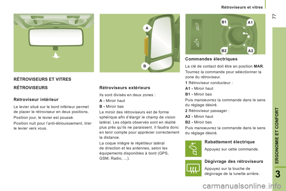 CITROEN JUMPER 2014  Notices Demploi (in French) 77
3
ERGONOMIE ET CONFOR
T
Rétroviseurs et vitres
RÉTROVISEURS ET VITRES
RÉTROVI
SEURS   
Rétroviseurs extérieurs
 
Ils sont divisés en deux zones : 
   
A - 
 Miroir haut 
   
B - 
 Miroir bas 