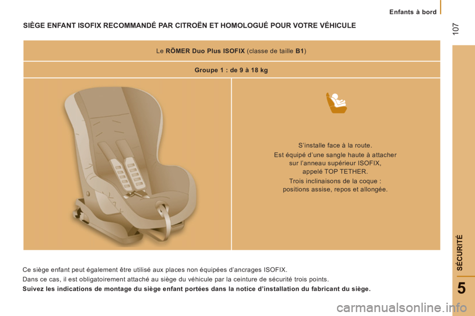 CITROEN JUMPER 2012  Notices Demploi (in French) 107
5
SÉCURIT
É
   
 
Enfants à bord
SIÈGE ENFANT ISOFIX RECOMMANDÉ PAR CITROËN ET HOMOLOGUÉ POUR VOTRE VÉHICULE
 
 
Le  RÖMER Duo Plus ISOFIX 
   
(classe de taille  B1 
)  
   
 
Groupe 1 :