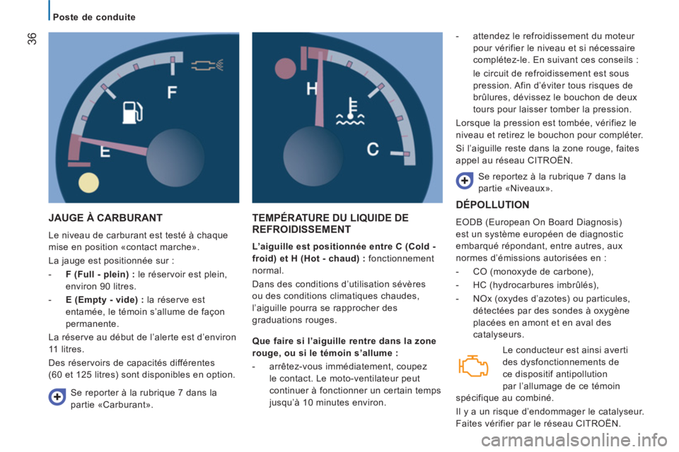 CITROEN JUMPER 2012  Notices Demploi (in French) 36
   
 
Poste de conduite  
 
 
JAUGE À CARBURANT 
 
Le niveau de carburant est testé à chaque 
mise en position «contact marche». 
  La jauge est positionnée sur : 
   
 
-   F (Full - plein) 