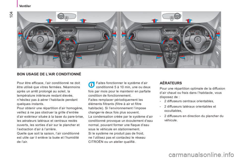 CITROEN NEMO 2014 Notices Demploi (in French) 104
Ventiler
BON USAGE DE L’AIR CONDITIONNÉ
Faites fonctionner le système d’air
conditionné 5 à 10 min, une ou deux
fois par mois pour le maintenir en parfaite
condition de CITROEN NEMO 2014 Notices Demploi (in French) 104
Ventiler
BON USAGE DE L’AIR CONDITIONNÉ
Faites fonctionner le système d’air
conditionné 5 à 10 min, une ou deux
fois par mois pour le maintenir en parfaite
condition de