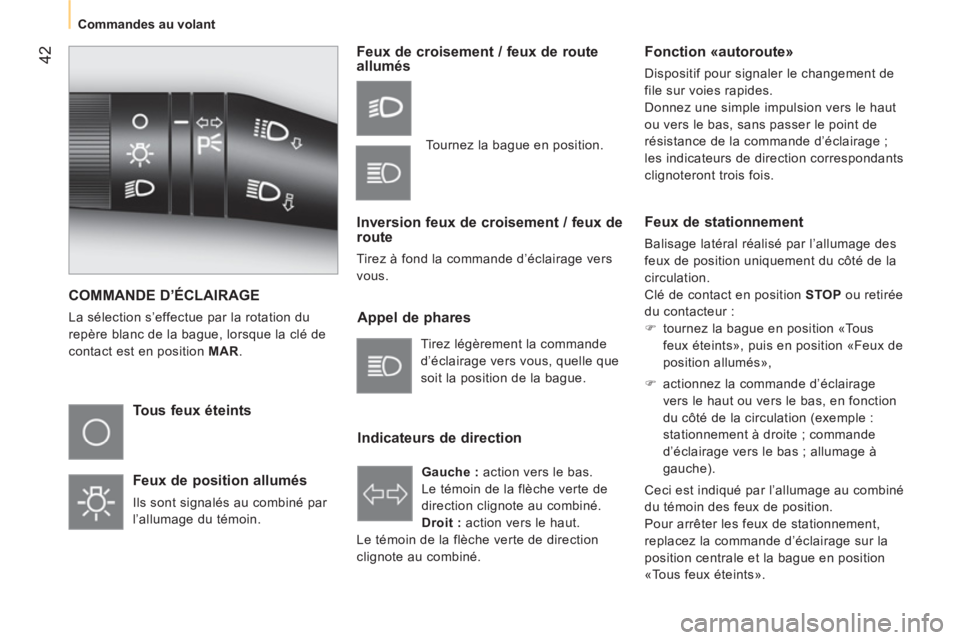 CITROEN NEMO 2014  Notices Demploi (in French)  42
 
 
 
Commandes au volant  
 
 
COMMANDE D’ÉCLAIRAGE 
 
La sélection s’effectue par la rotation du 
repère blanc de la bague, lorsque la clé de 
contact est en position  MAR 
. 
 
 
Tous f