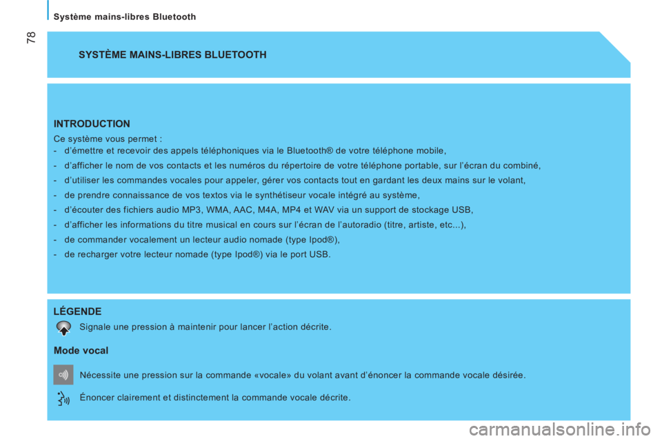 CITROEN NEMO 2014 Notices Demploi (in French)
78
Système mains-libres Bluetooth
INTRODUCTION
Ce système vous permet :
- d’émettre et recevoir des appels téléphoniques via le Bluetooth® de votre téléphone mobile,
- CITROEN NEMO 2014 Notices Demploi (in French)
78
Système mains-libres Bluetooth
INTRODUCTION
Ce système vous permet :
- d’émettre et recevoir des appels téléphoniques via le Bluetooth® de votre téléphone mobile,
-