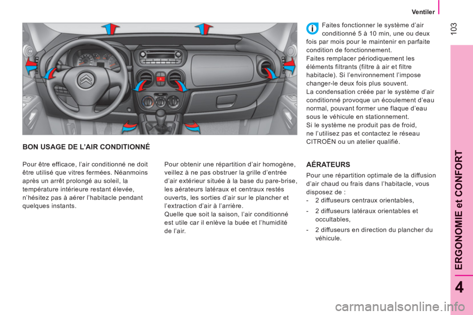 CITROEN NEMO 2013  Manuales de Empleo (in Spanish) 103
4
ERGONOMIE et CONFOR
T
   
 
Ventiler  
 
BON USAGE DE L’AIR CONDITIONNÉ
 
Pour obtenir une répartition d’air homogène, 
veillez à ne pas obstruer la grille d’entrée 
d’air extérieu