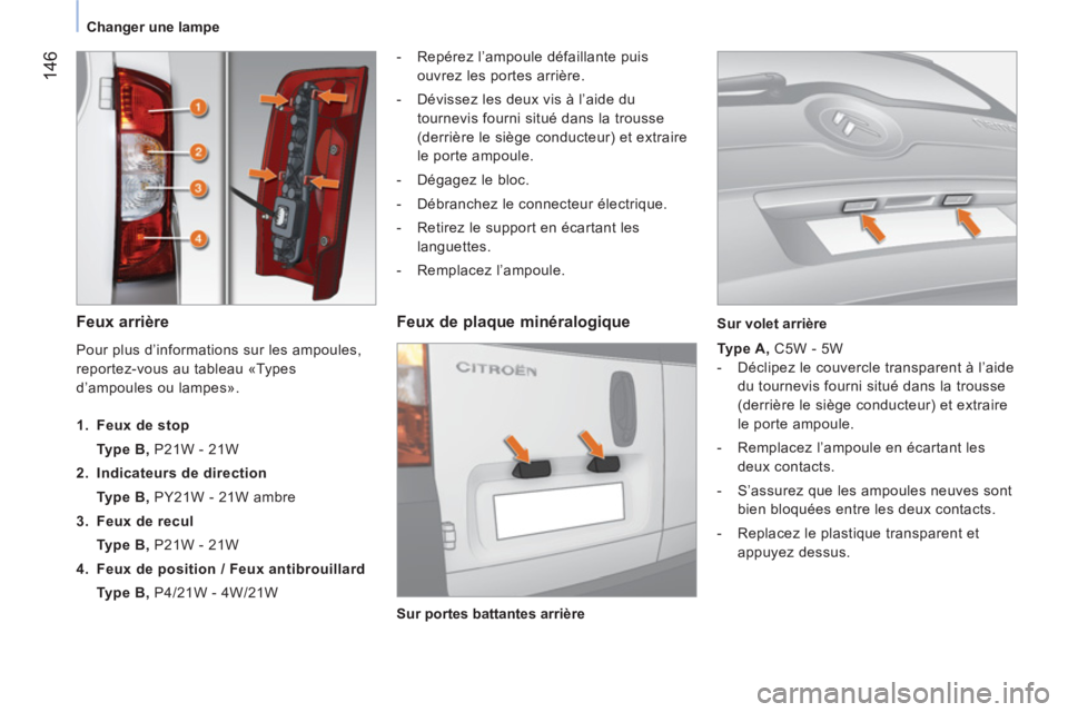 CITROEN NEMO 2013  Manuales de Empleo (in Spanish) 14
6
Changer une lampe
   
Feux arrière  
 
 
 
-   Repérez l’ampoule défaillante puis 
ouvrez les portes arrière. 
   
-   Dévissez les deux vis à l’aide du 
tournevis fourni situé dans la