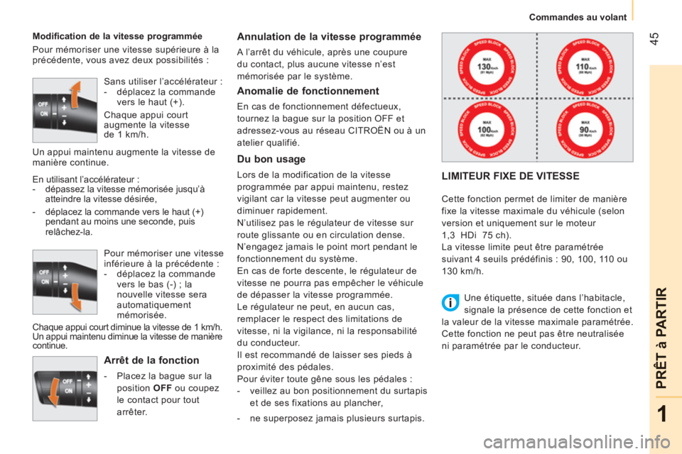 CITROEN NEMO 2013 Manuales de Empleo (in Spanish) 45
1
PRÊT à PARTIR
Commandes au volant
Modification de la vitesse programmée
Pour mémoriser une vitesse supérieure à la
précédente, vous avez deux possibilités :
Arrêt de la fon CITROEN NEMO 2013 Manuales de Empleo (in Spanish) 45
1
PRÊT à PARTIR
Commandes au volant
Modification de la vitesse programmée
Pour mémoriser une vitesse supérieure à la
précédente, vous avez deux possibilités :
Arrêt de la fon
