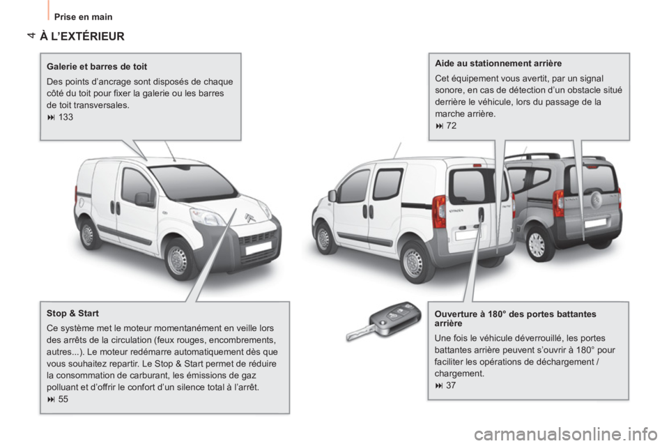 CITROEN NEMO 2013  Manuales de Empleo (in Spanish) 4
  Prise en main 
 
À L’EXTÉRIEUR
 
 
Galerie et barres de toit 
  Des points d’ancrage sont disposés de chaque 
côté du toit pour ﬁ xer la galerie ou les barres 
de toit transversales. 
 