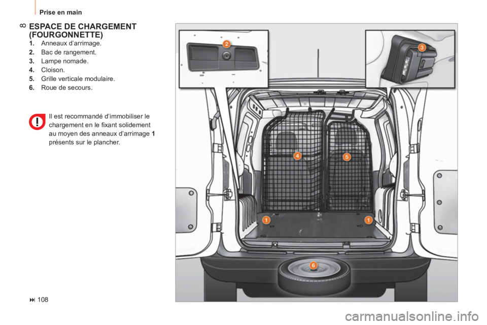 CITROEN NEMO 2013  Manuales de Empleo (in Spanish) 8
  Prise en main 
 
ESPACE DE CHARGEMENT(FOURGONNETTE)  
 
 
1. 
 Anneaux d’arrimage. 
   
2. 
  Bac de rangement. 
   
3. 
 Lampe nomade. 
   
4. 
 Cloison. 
   
5. 
  Grille verticale modulaire. 