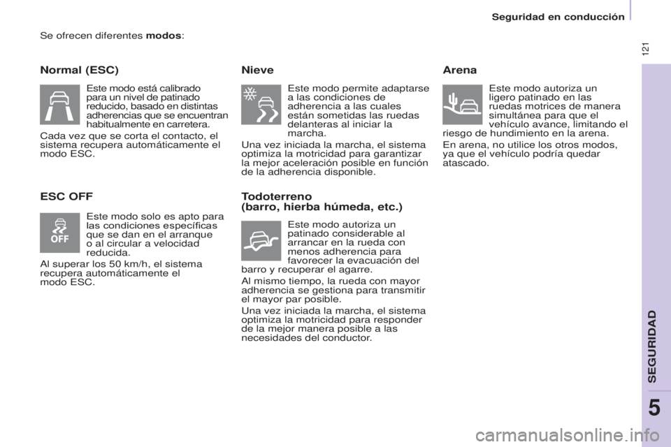 CITROEN BERLINGO MULTISPACE 2017 Manuales de Empleo (in Spanish) 121
Seguridad en conducción
Berlingo2VP_es_Chap05_Securite_ed02-2016
Se ofrecen diferentes modos:
Normal (ESC)
ESC OFFNieve
Este modo permite adaptarse
a las condiciones de
adherencia a las cuale CITROEN BERLINGO MULTISPACE 2017 Manuales de Empleo (in Spanish) 121
Seguridad en conducción
Berlingo2VP_es_Chap05_Securite_ed02-2016
Se ofrecen diferentes modos:
Normal (ESC)
ESC OFFNieve
Este modo permite adaptarse
a las condiciones de
adherencia a las cuale